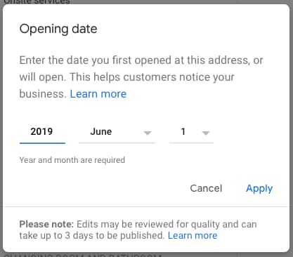 Opening Date Google My Business