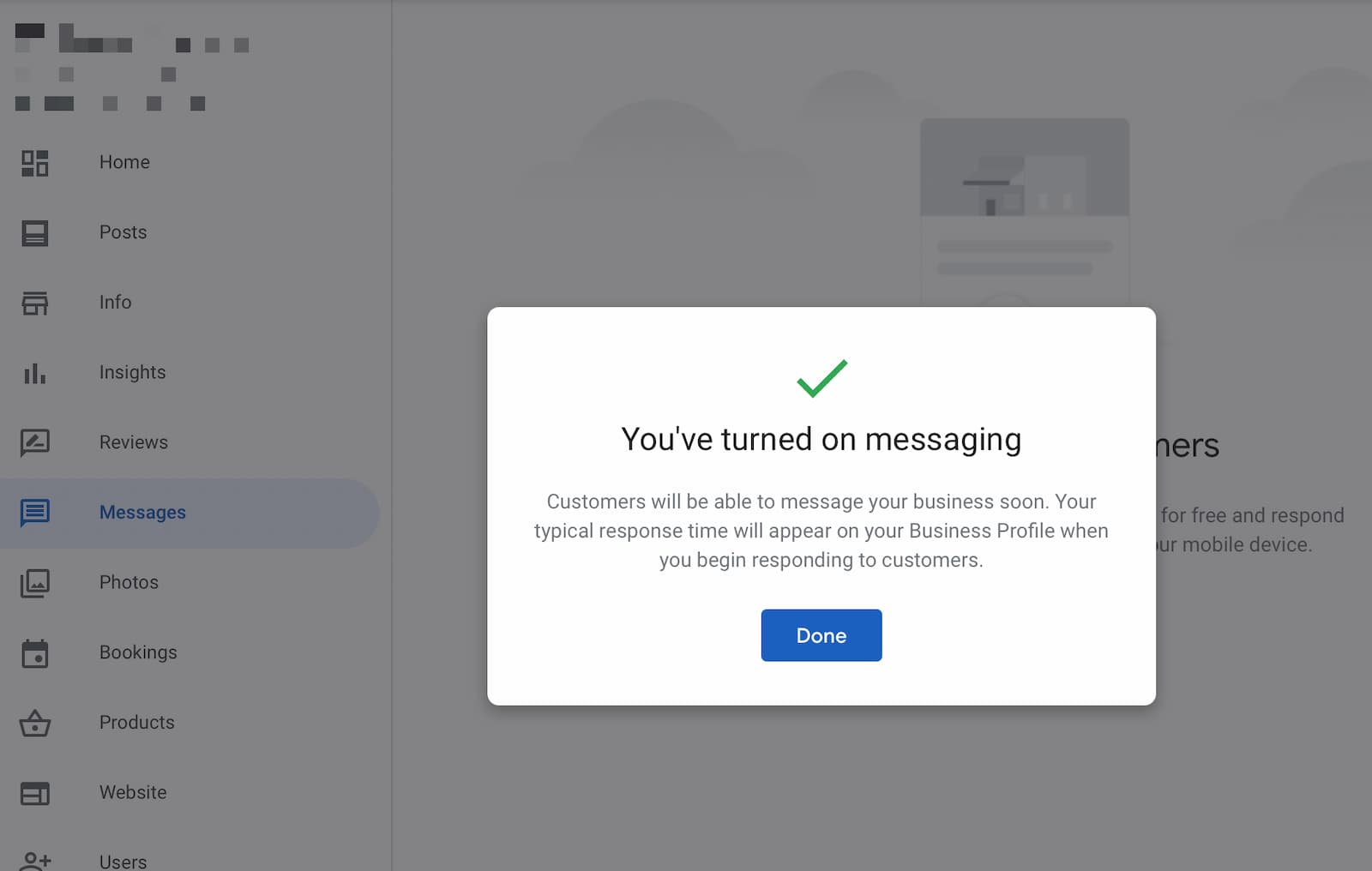 Turned on Messaging Google My Business