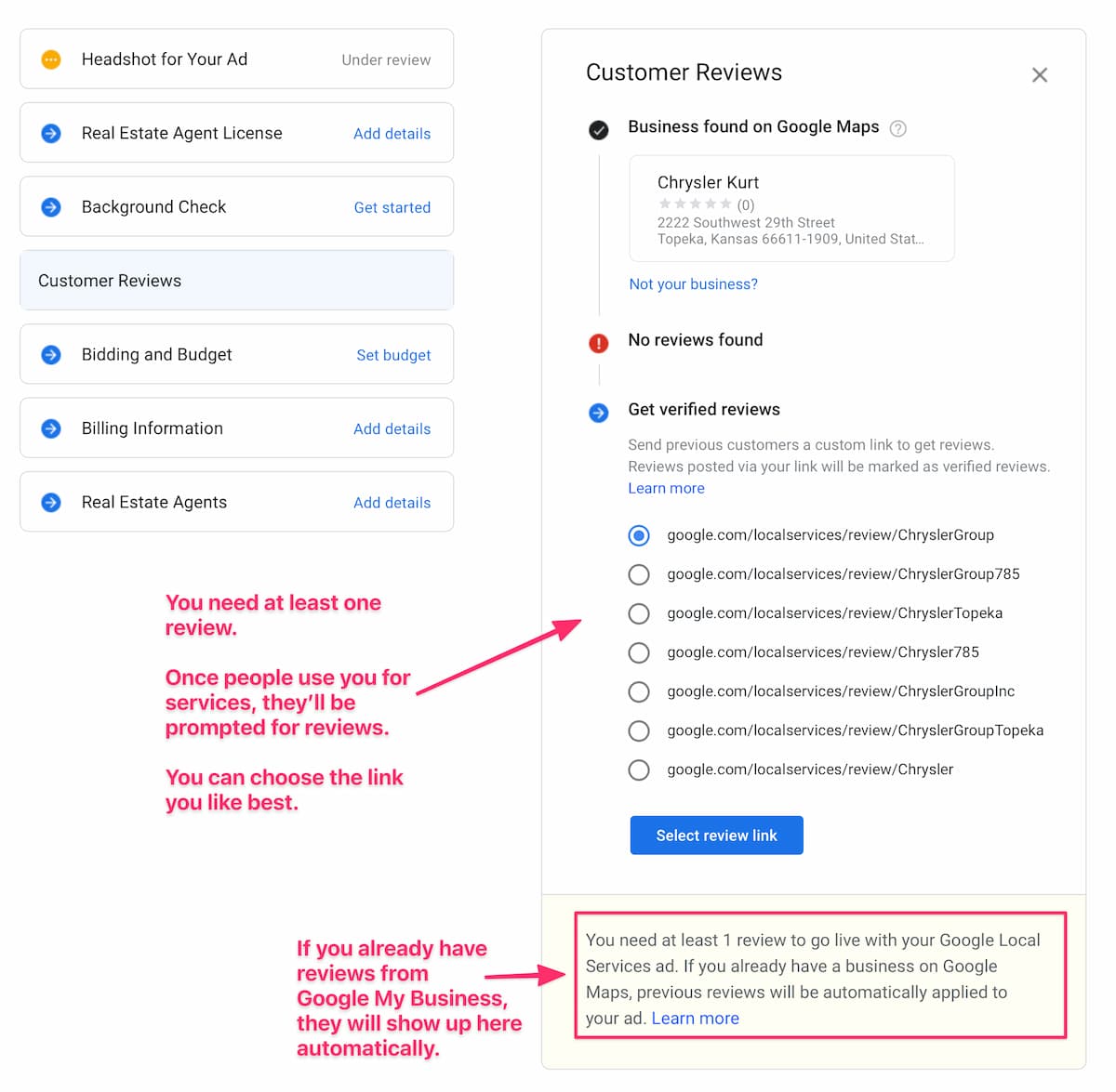 Required Reviews for Google Local Services