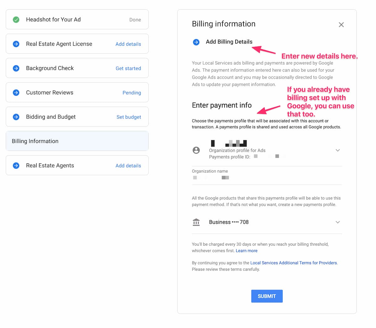 Inputting Billing Information Google Local Services