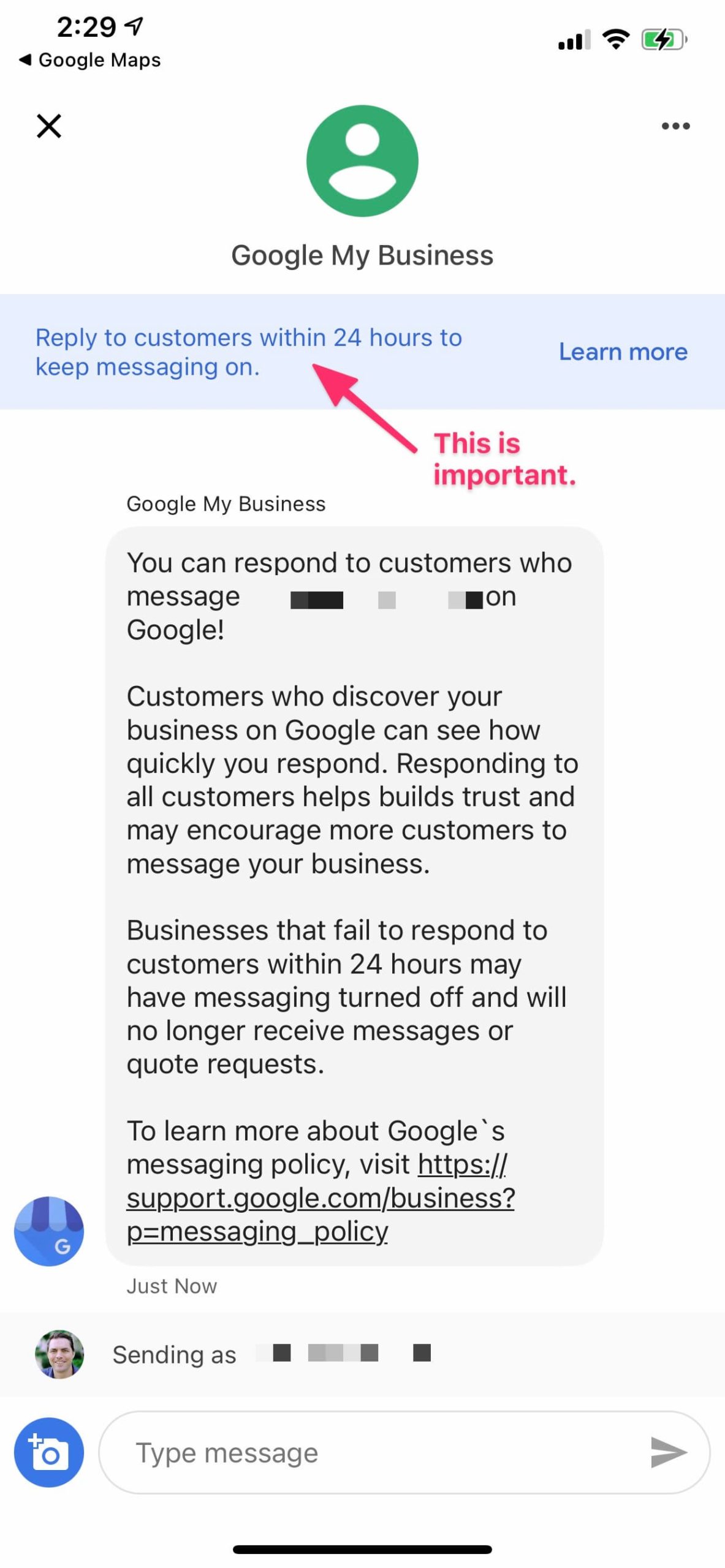 Test Message Google My Business App